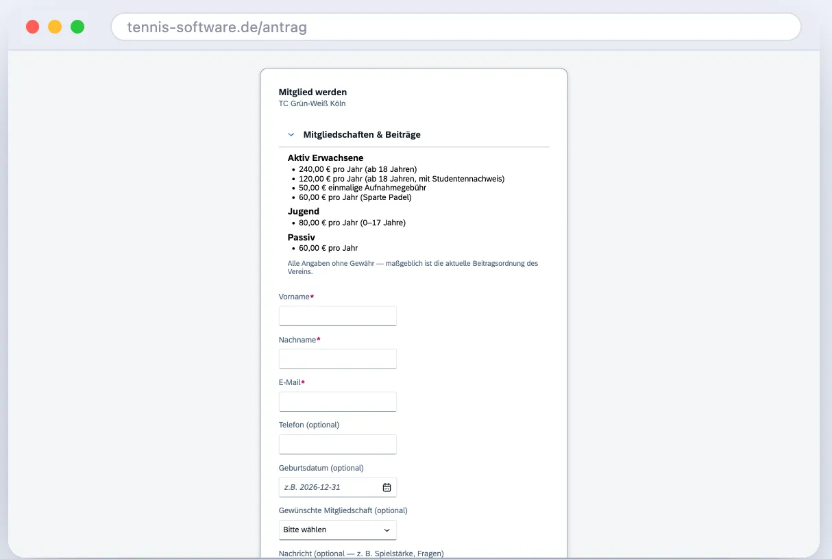 Online-Aufnahmeantrag für neue Mitglieder
