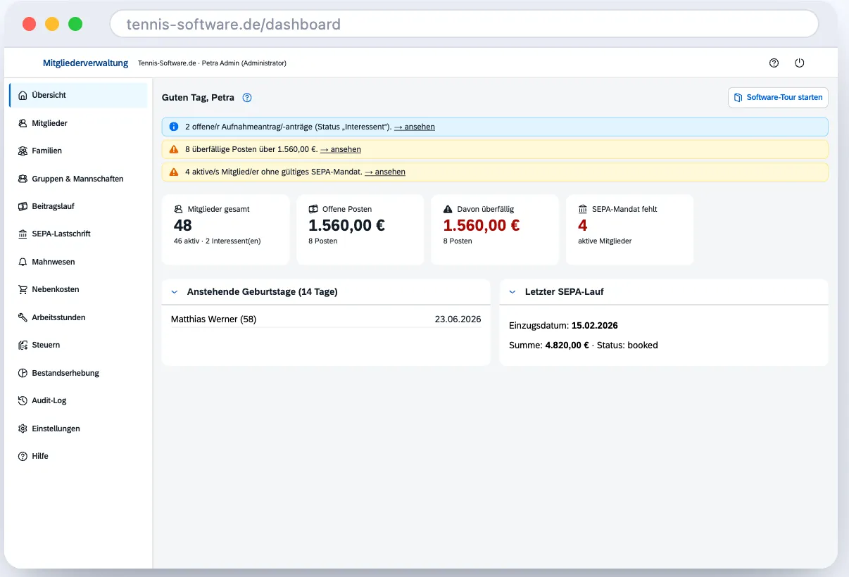 Dashboard der Mitgliederverwaltung mit Kennzahlen, Warnungen und SEPA-Status