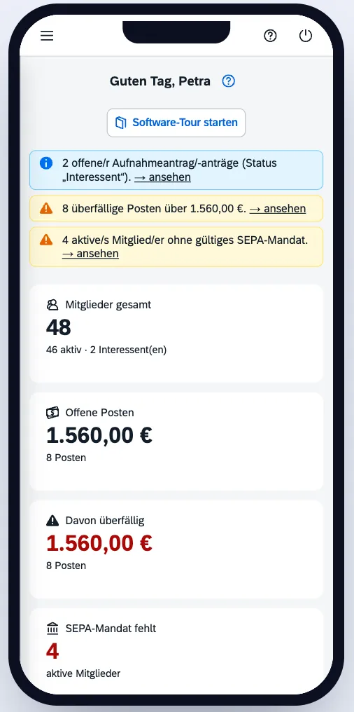 Mitgliederverwaltung Dashboard auf dem Smartphone
